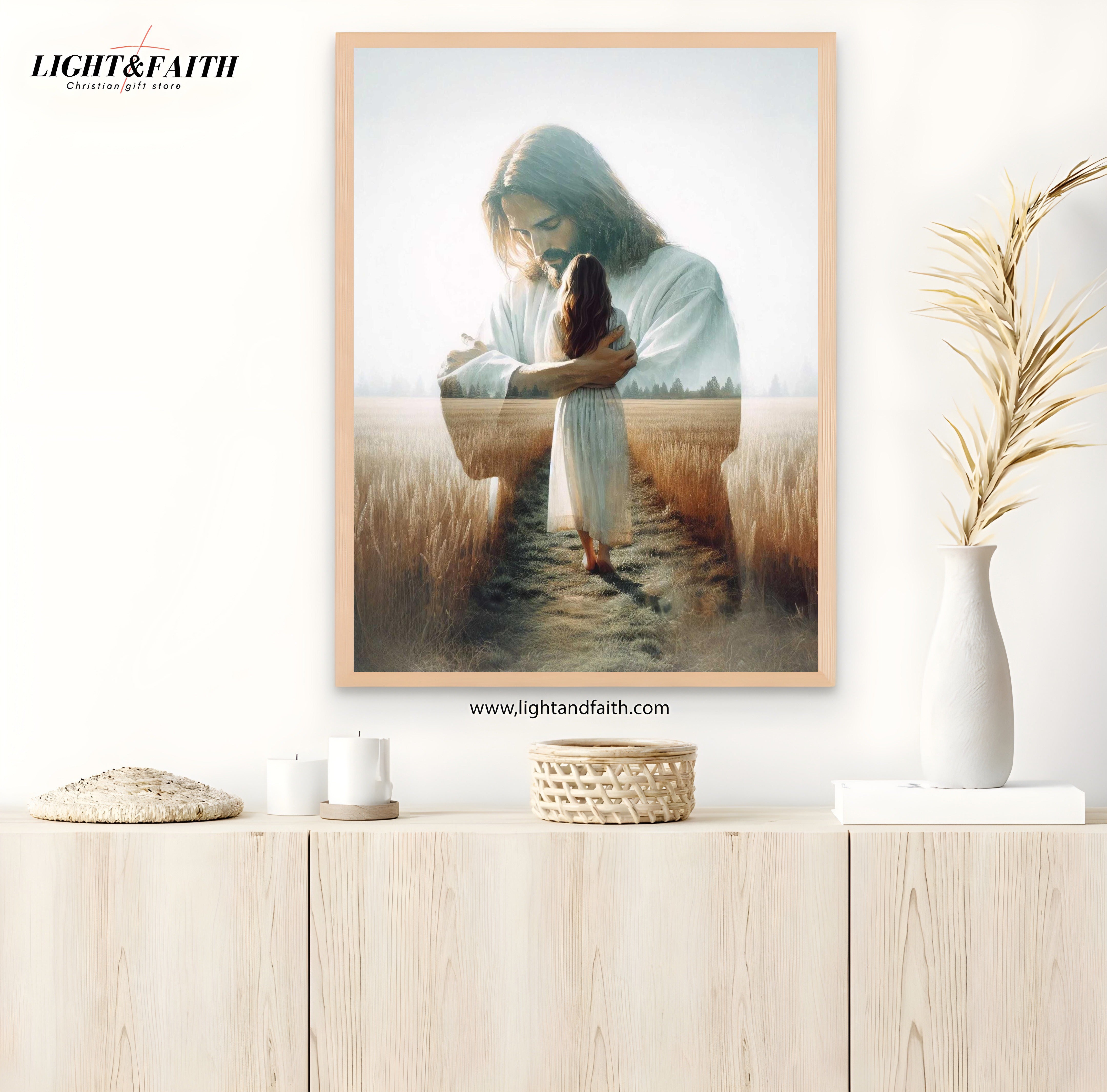 Love of Christ Poster, Jesus Hugging Woman Art, Christian Wall Decor, Bible LDS Artwork, Jesus with Girl Painting, Christian Religious Prints